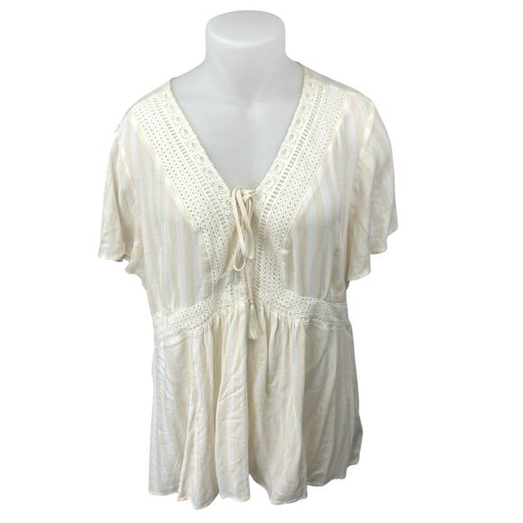 Torrid White Striped Short Sleeve Crochet Lace-Up Crinkle Peplum Blouse Top Sz 3 - Picture 1 of 4